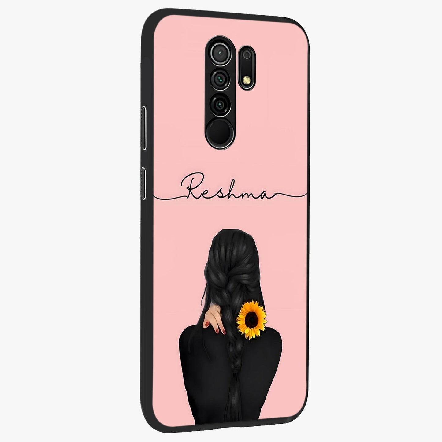 Sunflower Braid Beauty With Custom Name Glass Case upright view showcasing bright sunflower artwork with personalized floral aesthetic.