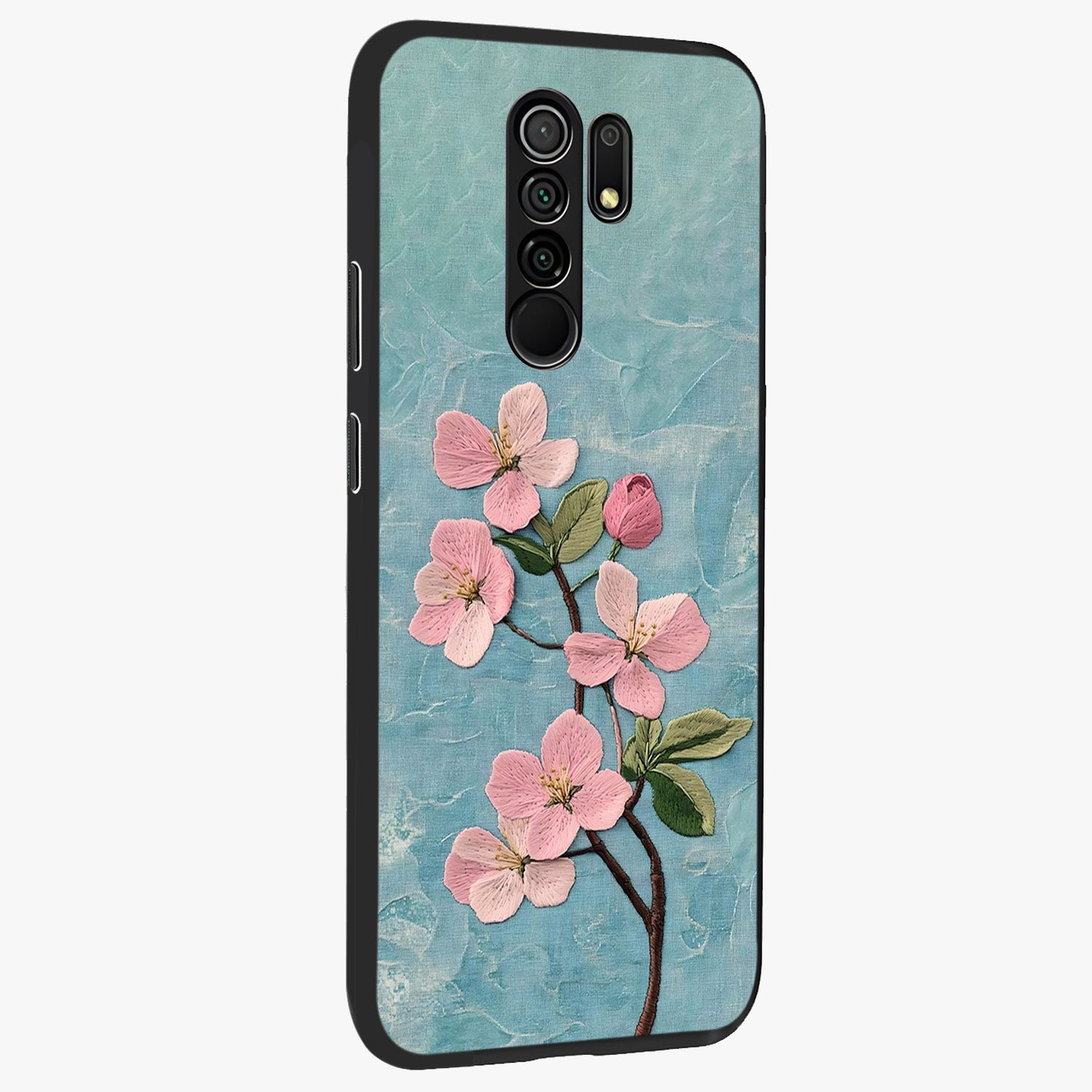 Threaded Blossom Breeze Glass Case upright view showcasing graceful flower artwork with calm botanical theme.
