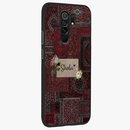 Velvet Wine Pattern Custom Name Glass Case upright view showcasing luxurious wine toned artwork with personalized aesthetic.