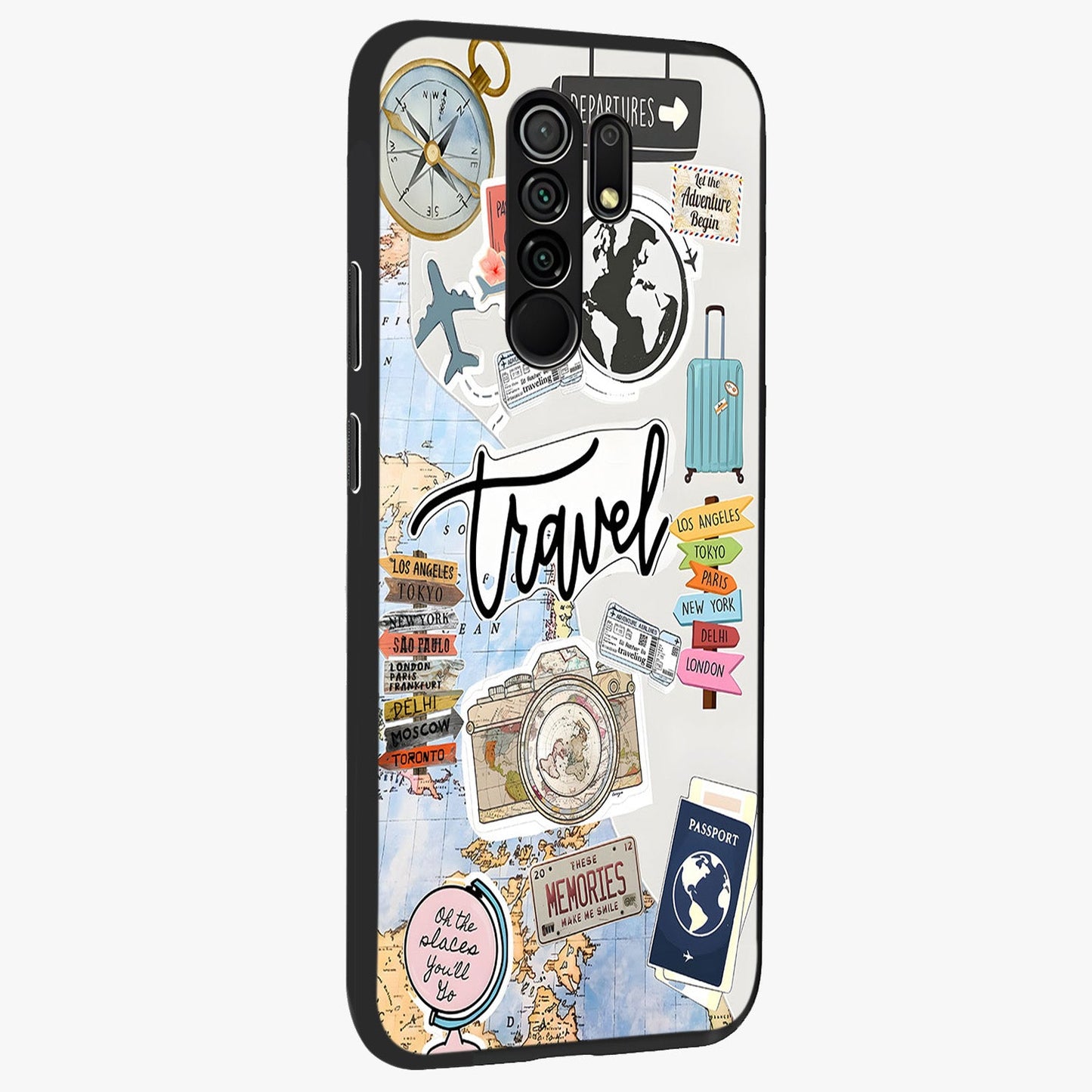 Wanderlust Journal Glass Case upright view showcasing wanderlust inspired artwork with creative exploration theme.