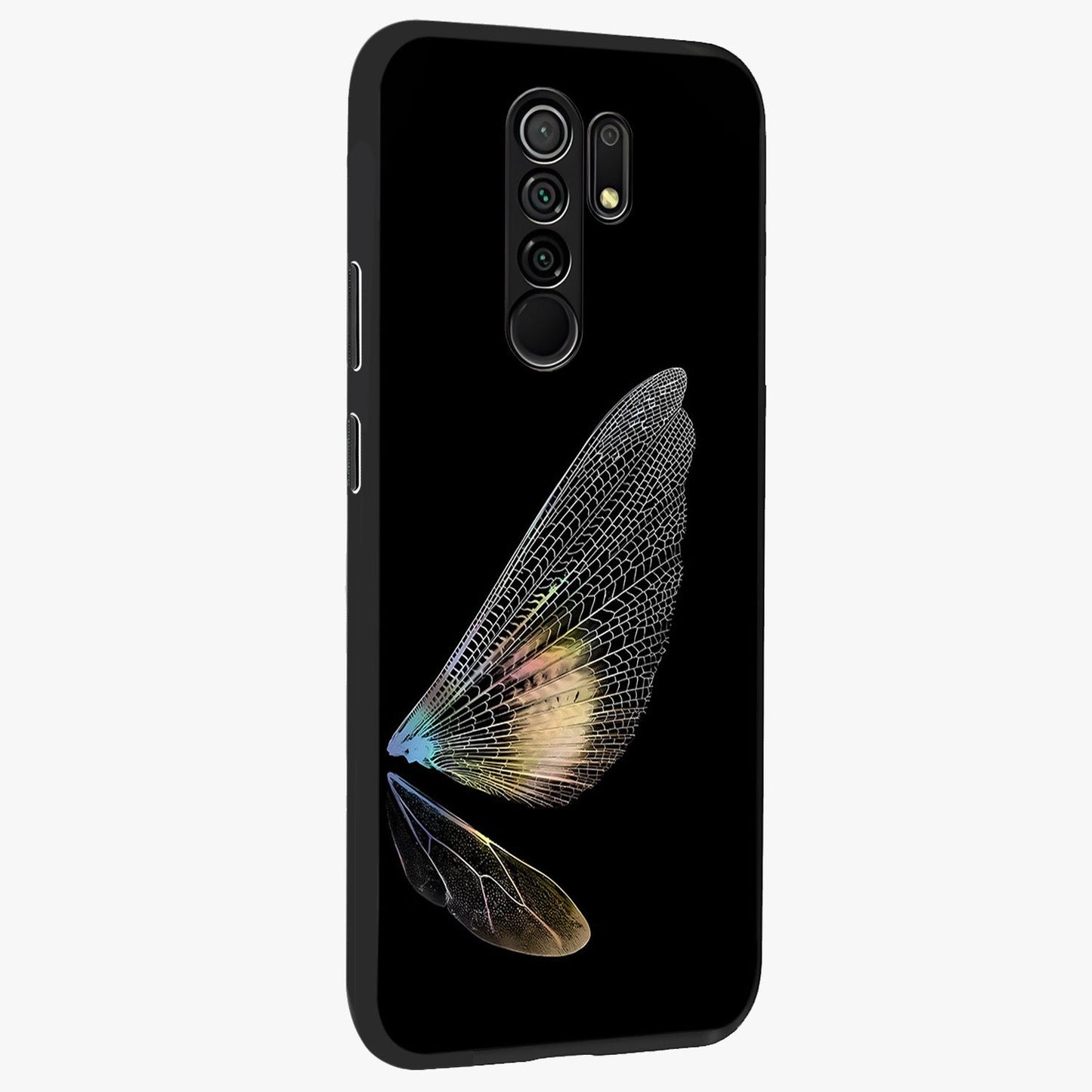 Whispers Of Wings Glass Case upright view showcasing elegant wing artwork with light airy theme.