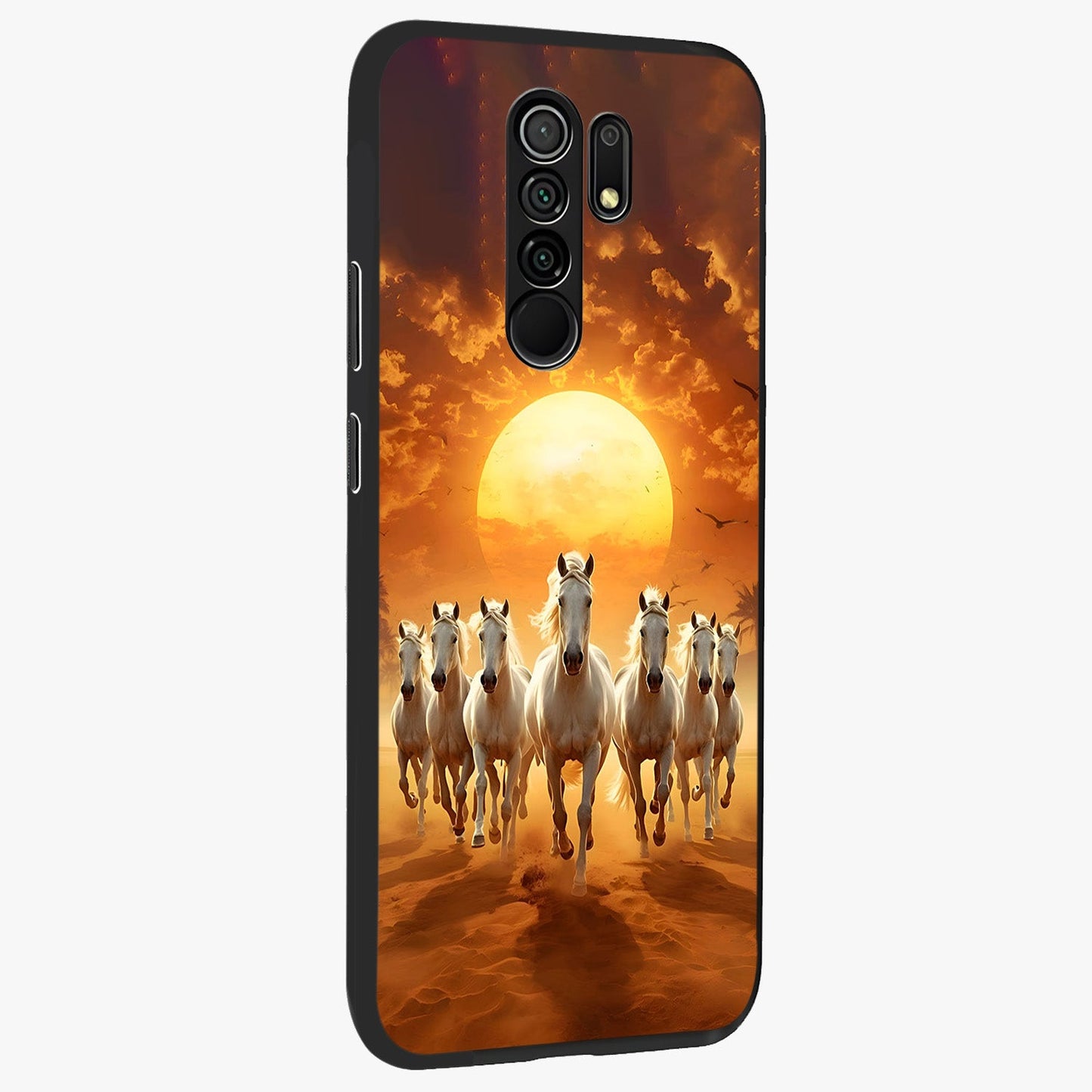 Wild Sunset Majesty Glass Case upright view showcasing dramatic sunset artwork with bold nature theme.