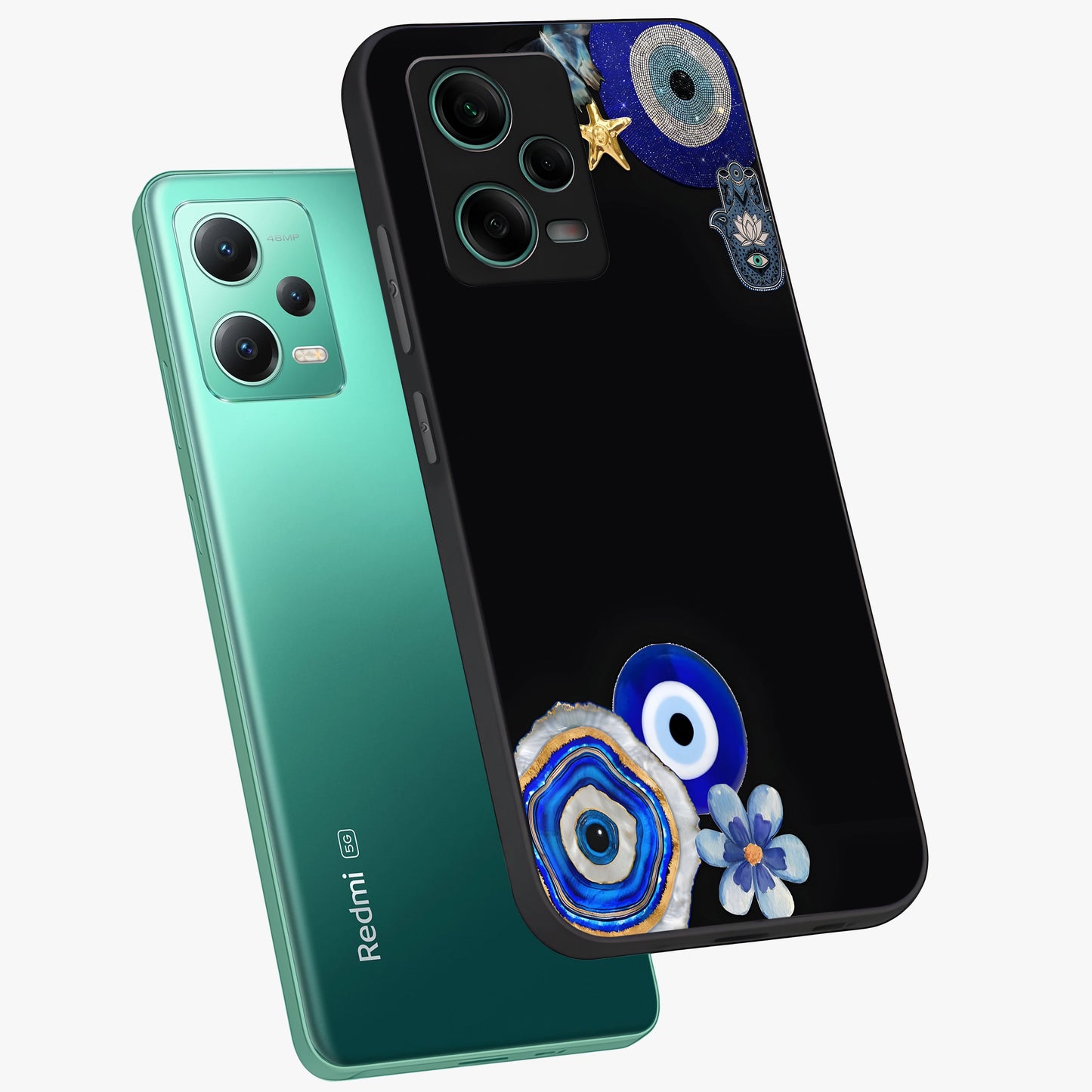 Aesthetic Blue Evil Eye Glass Case displayed in angled mockup highlighting blue evil eye symbol and spiritual aesthetic design.