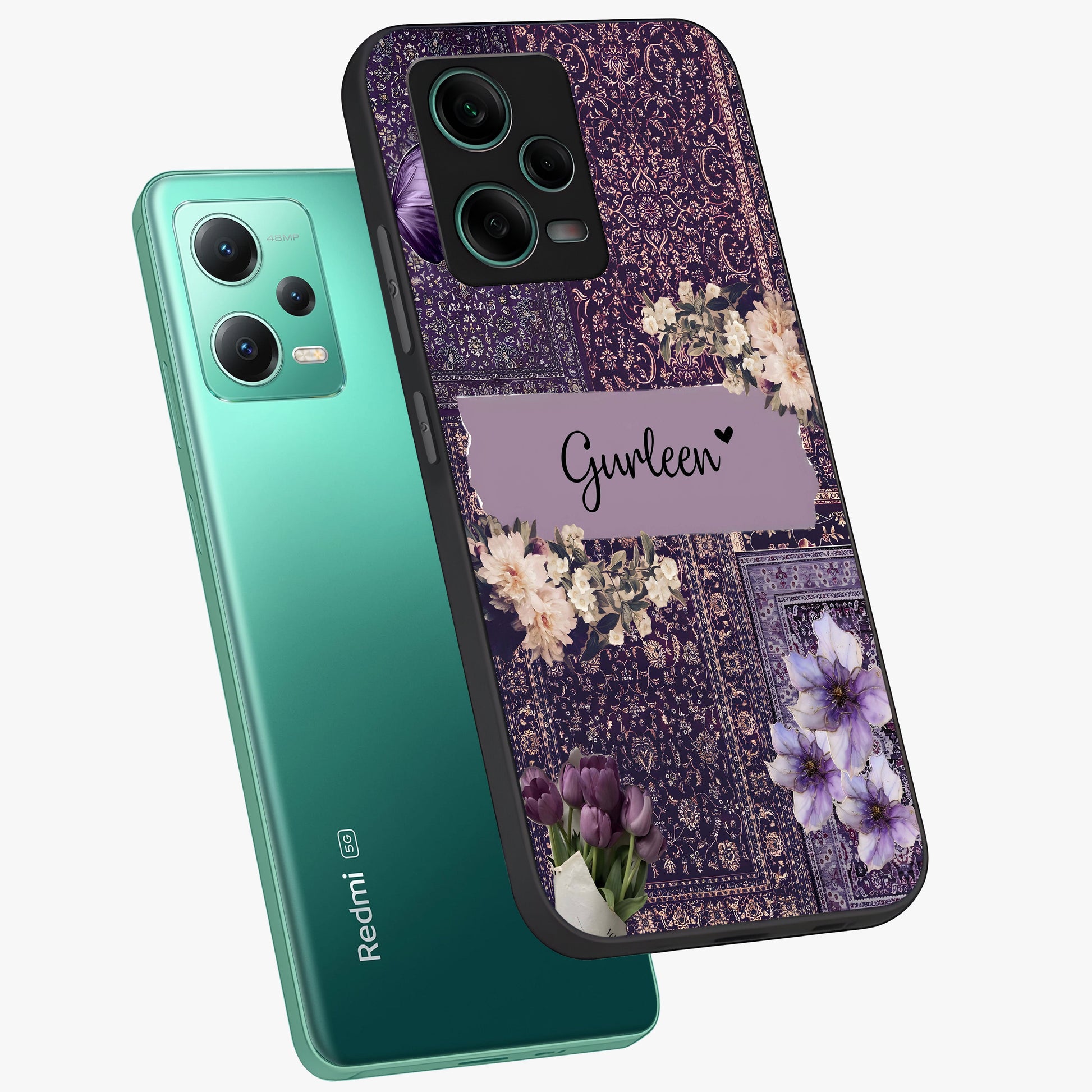 Antique Floral Whisper Custom Name Glass Case displayed in angled mockup highlighting elegant antique floral aesthetic.