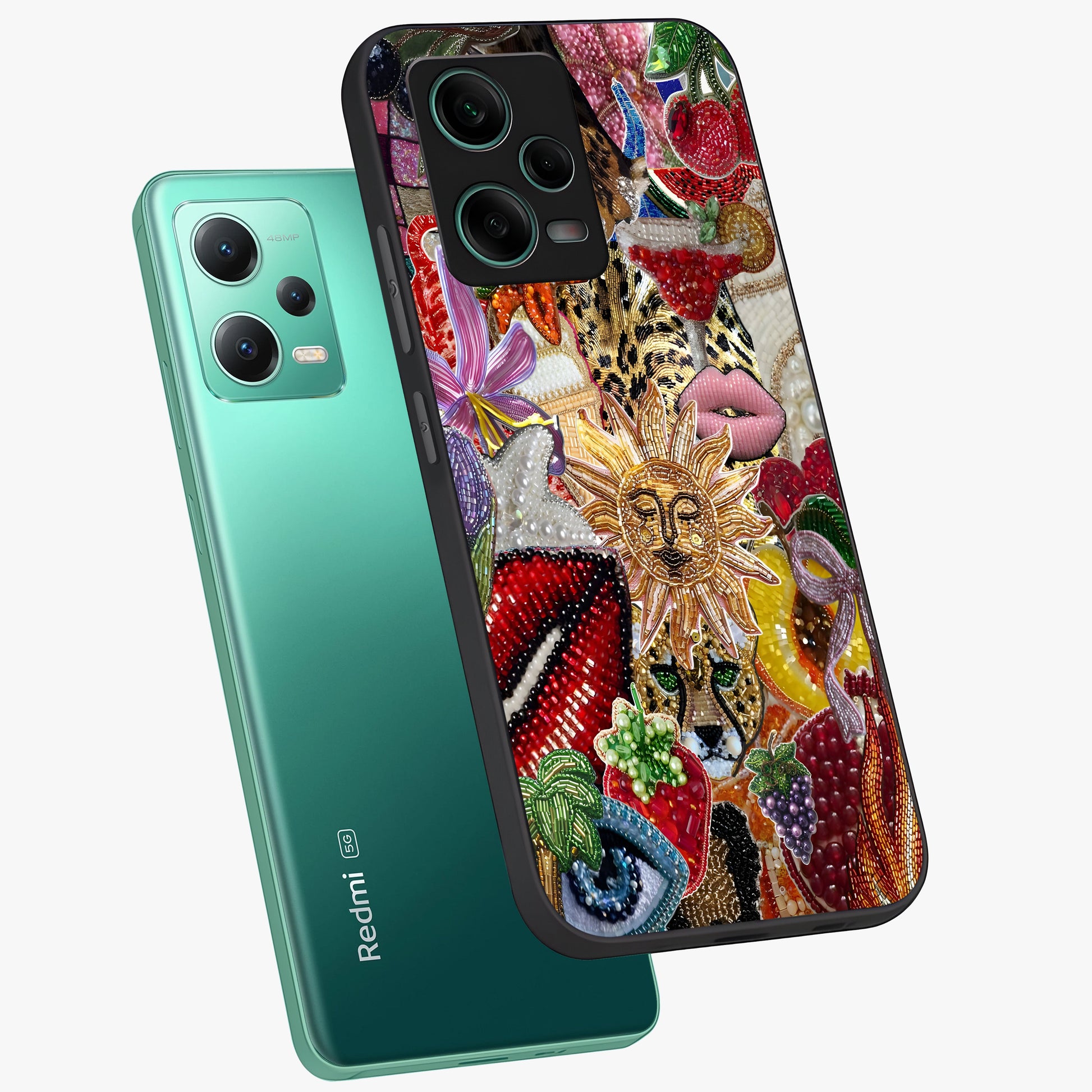 Beaded Fashion Jungle Glass Case displayed in angled mockup highlighting colorful fashion bead design and artistic pattern.