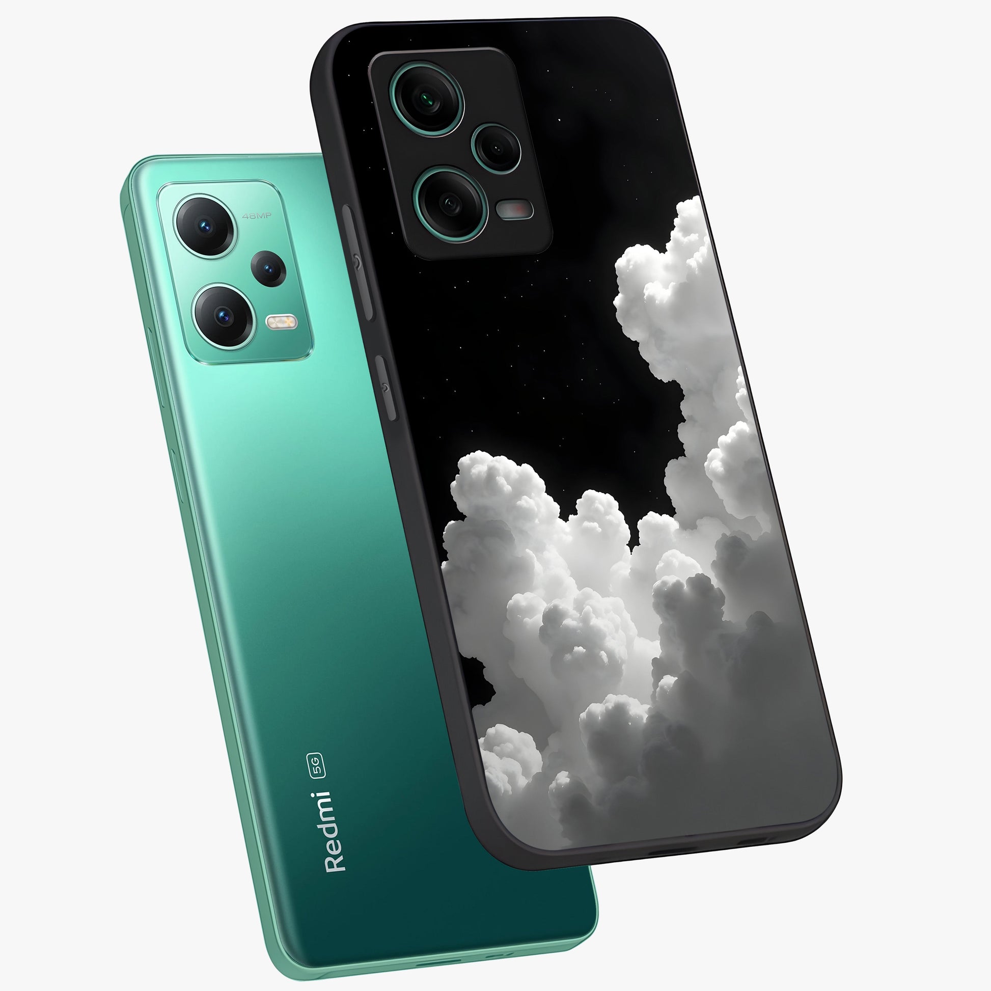 Black Background With White Cloud Glass Case displayed in angled mockup highlighting soft white cloud illustration and minimal design.