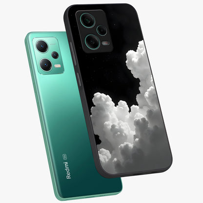 Black Background With White Cloud Glass Case displayed in angled mockup highlighting soft white cloud illustration and minimal design.