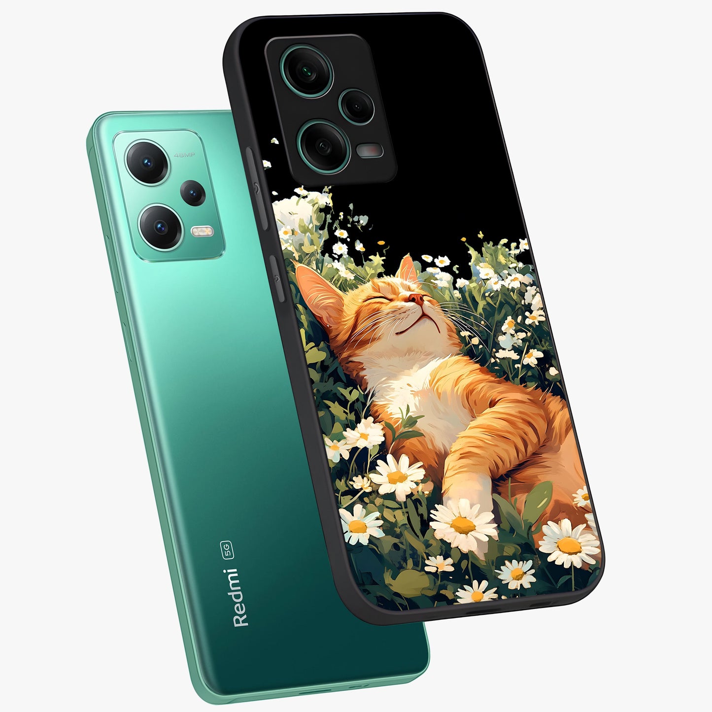 Blissful Bloom Cat Glass Case displayed in angled mockup highlighting playful feline illustration with soft floral aesthetic.