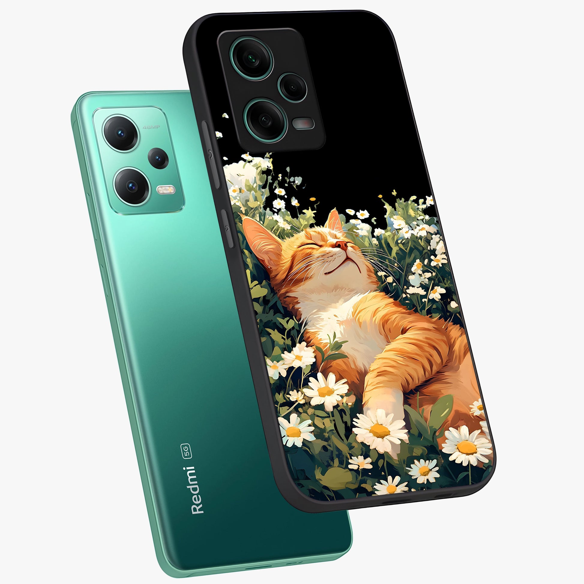 Blissful Bloom Cat Glass Case displayed in angled mockup highlighting playful feline illustration with soft floral aesthetic.