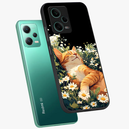 Blissful Bloom Cat Glass Case displayed in angled mockup highlighting playful feline illustration with soft floral aesthetic.