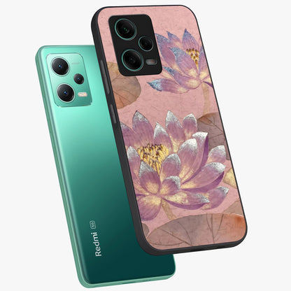 Blossom Mist Lotus Glass Case displayed in angled mockup highlighting delicate lotus illustration with calm aesthetic theme.