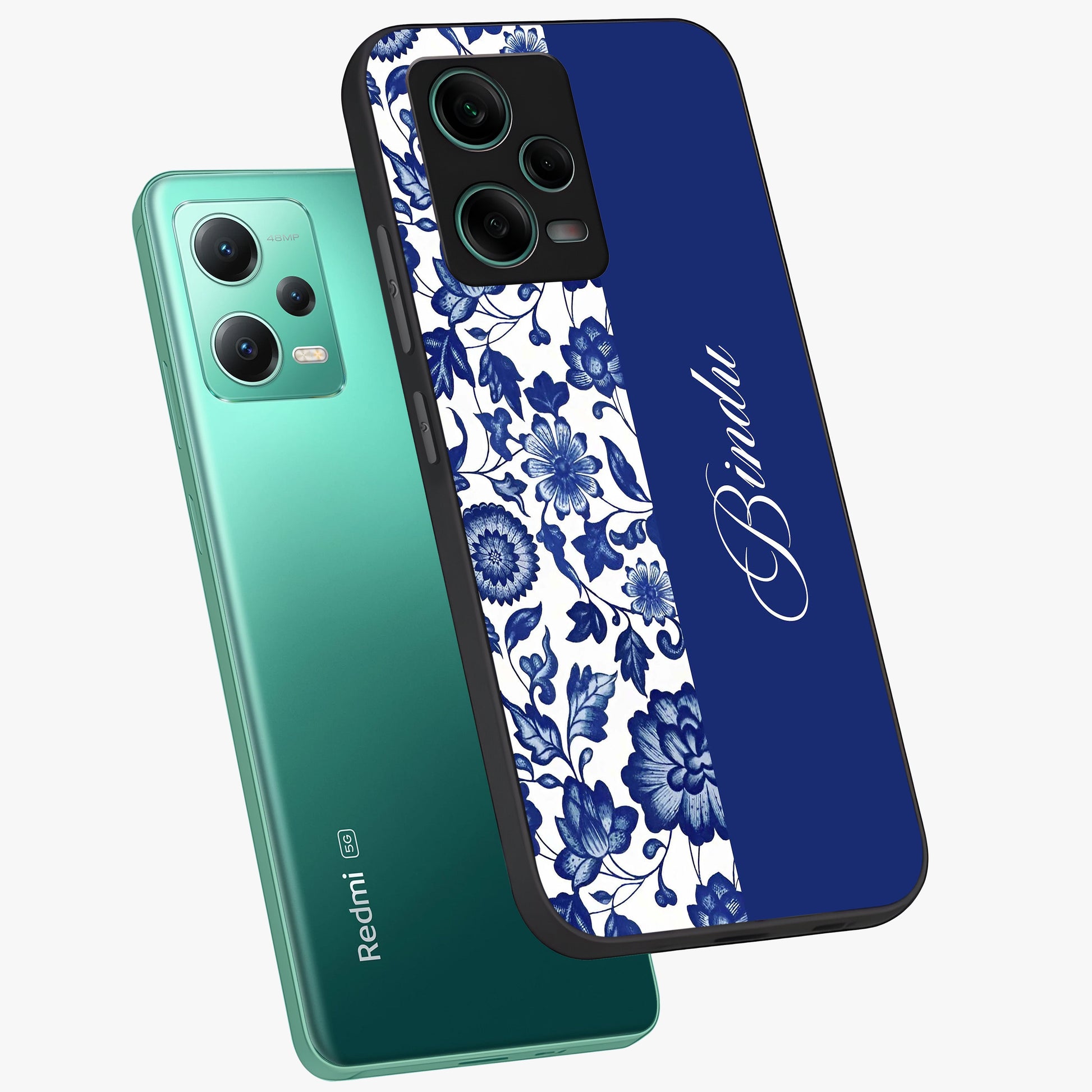 Blue Vintage Floral Pattern Glass Case displayed in angled mockup highlighting subtle bloom pattern with aesthetic pastel design.