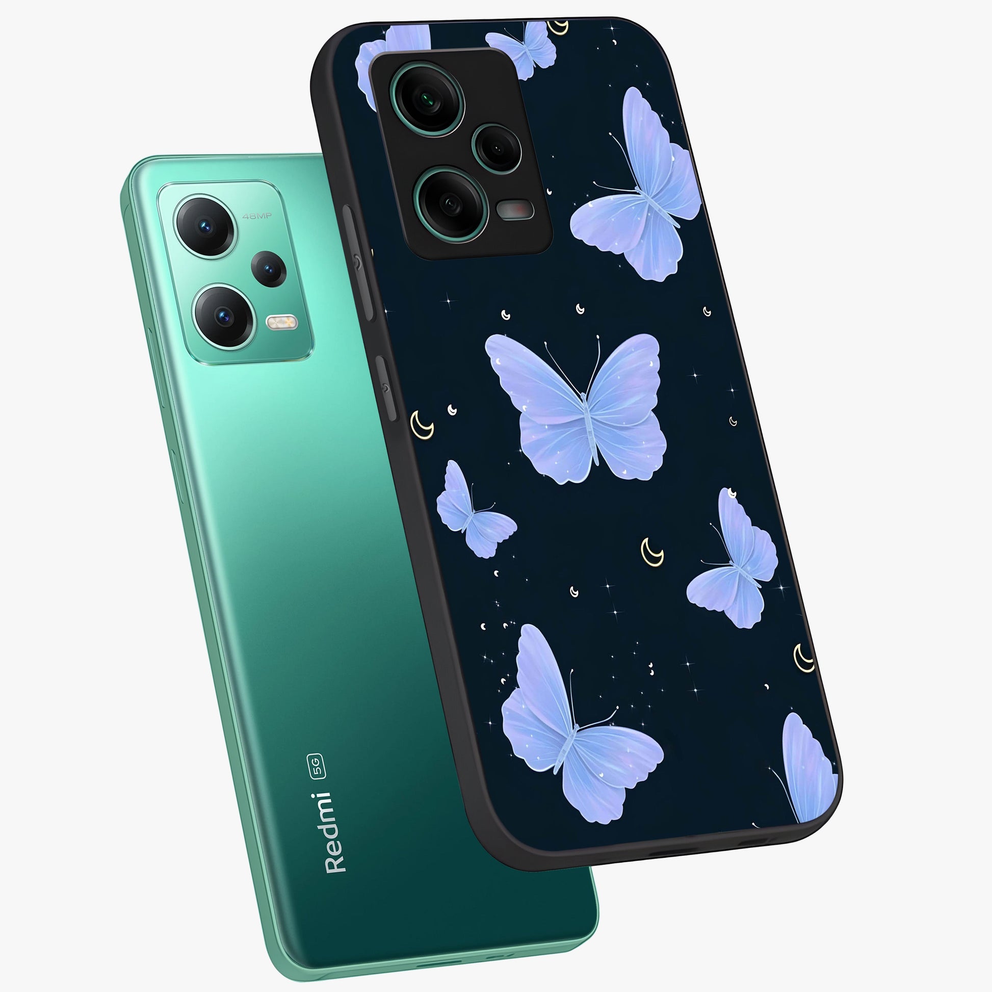 Butterfly With Stars Pattern Glass Case displayed in angled mockup highlighting dreamy butterfly and star design with aesthetic theme.