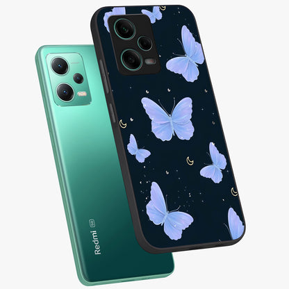 Butterfly With Stars Pattern Glass Case displayed in angled mockup highlighting dreamy butterfly and star design with aesthetic theme.