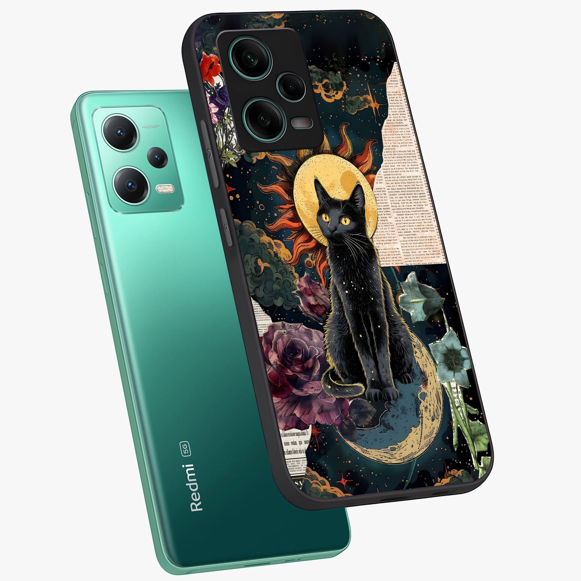 Celestial Black Cat Glass Case displayed in angled mockup highlighting cosmic black cat design with celestial aesthetic.