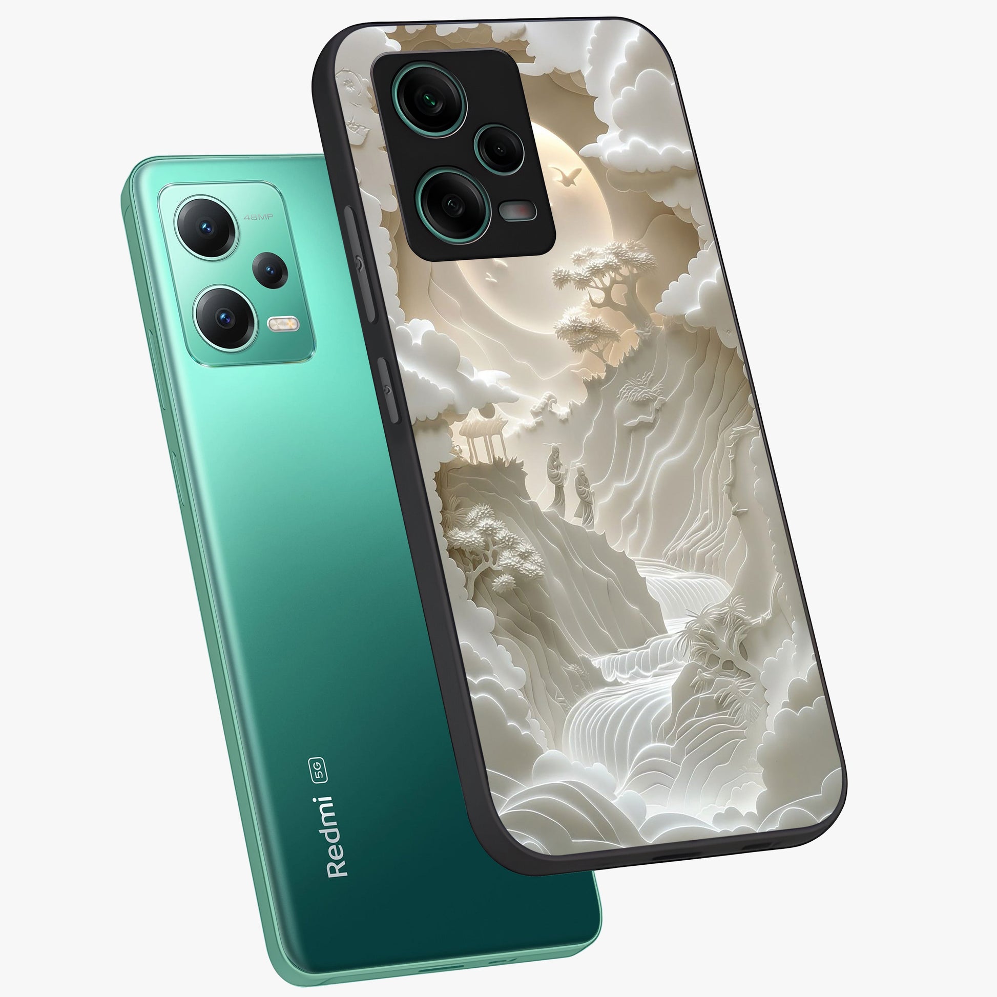 Celestial Origami Glass Case displayed in angled mockup highlighting geometric origami design with cosmic aesthetic theme.