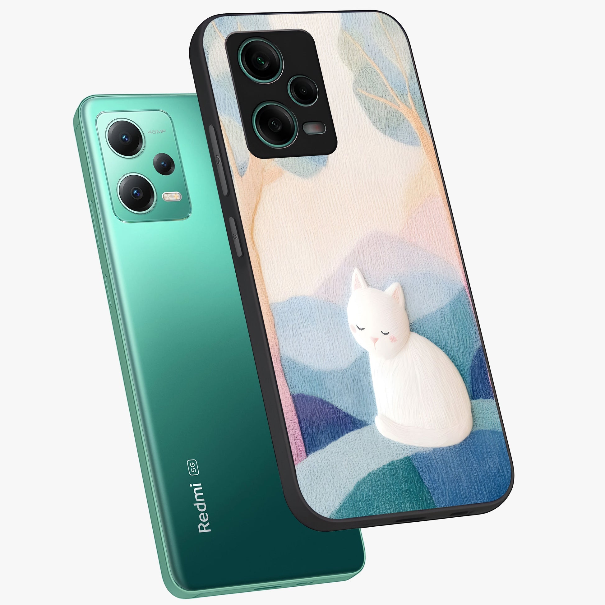 Cotton Dream Cat Glass Case displayed in angled mockup highlighting cute feline illustration with pastel aesthetic style.
