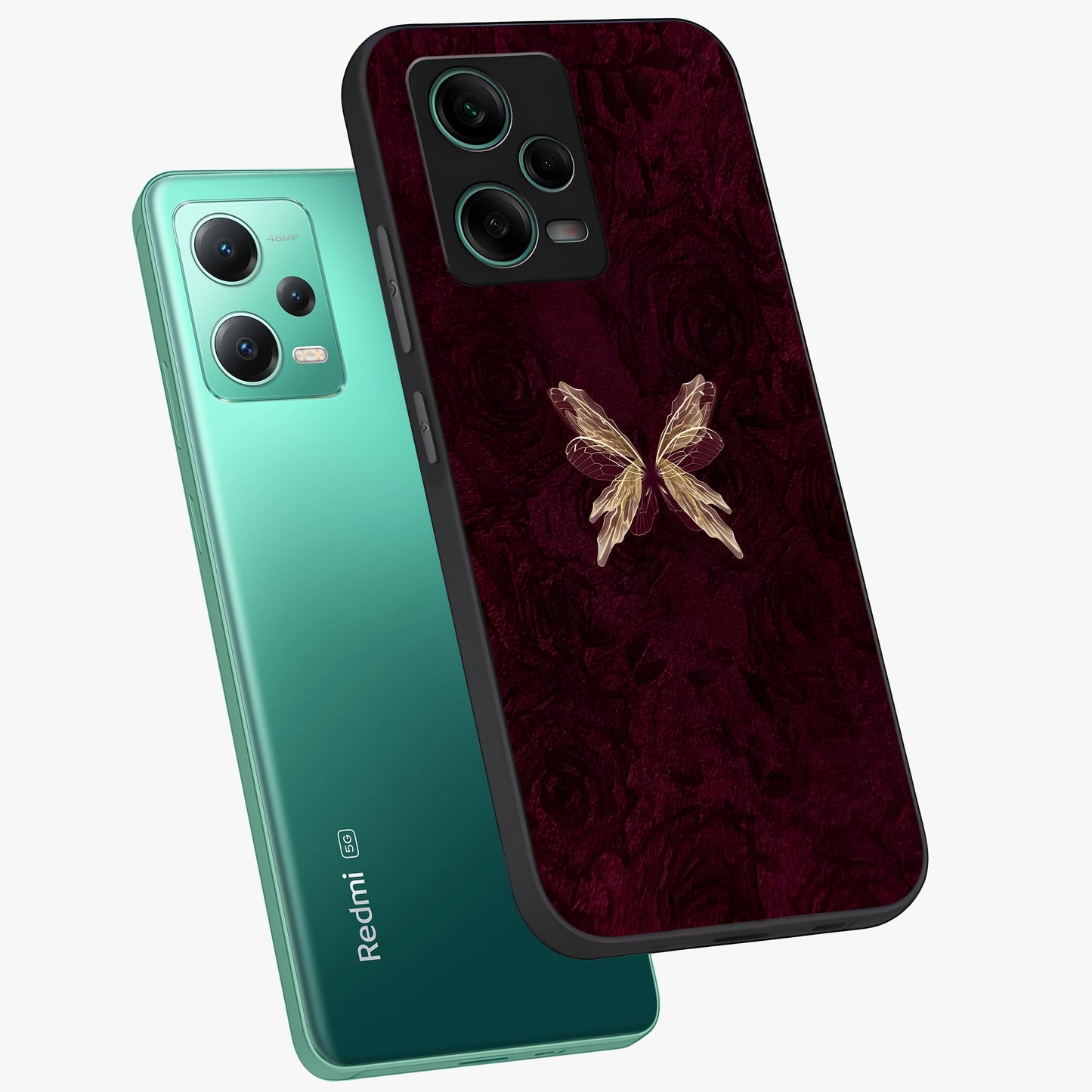Crimson Fade Butterfly Glass Case displayed in angled mockup highlighting elegant butterfly design with crimson gradient aesthetic.