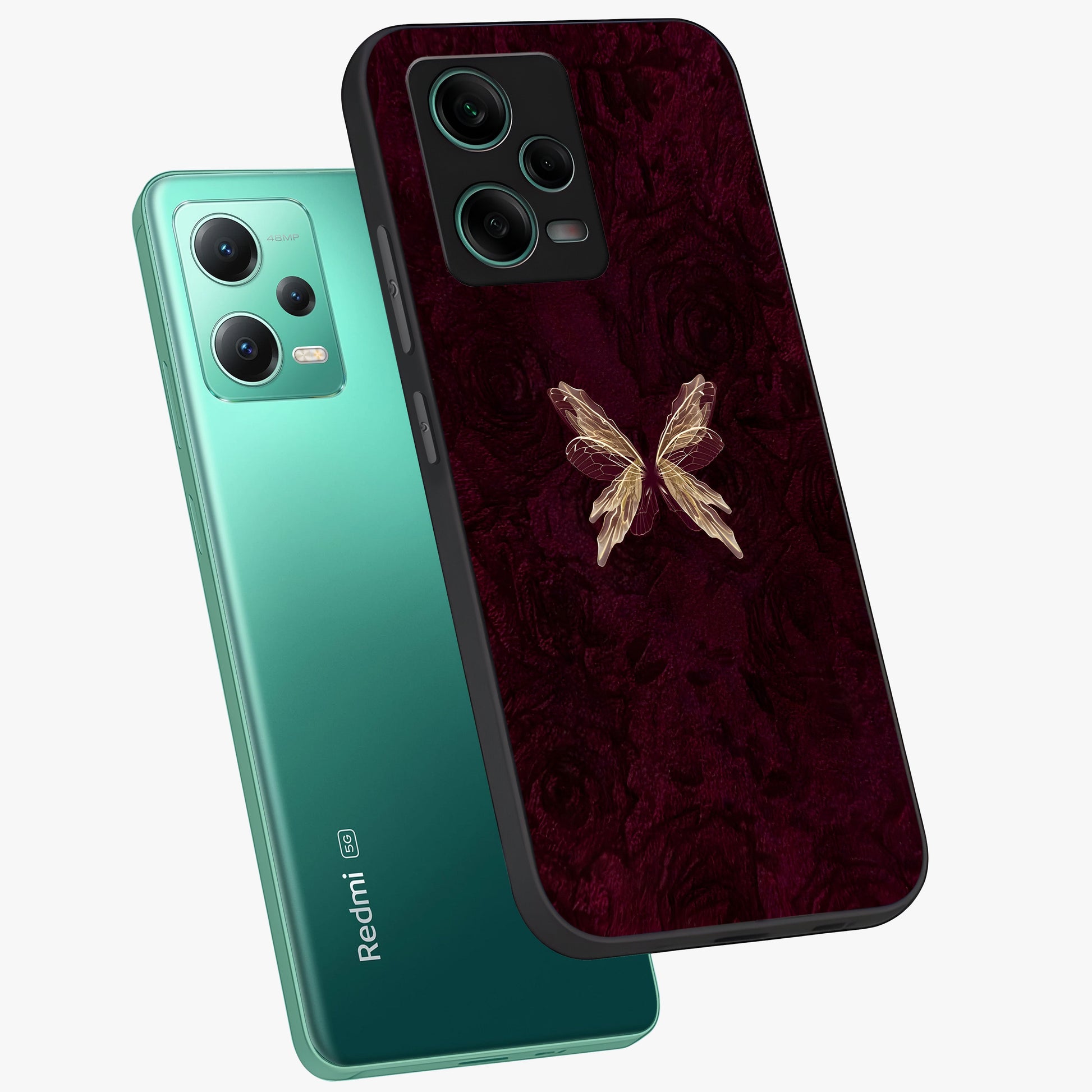 Crimson Fade Butterfly Glass Case displayed in angled mockup highlighting elegant butterfly design with crimson gradient aesthetic.