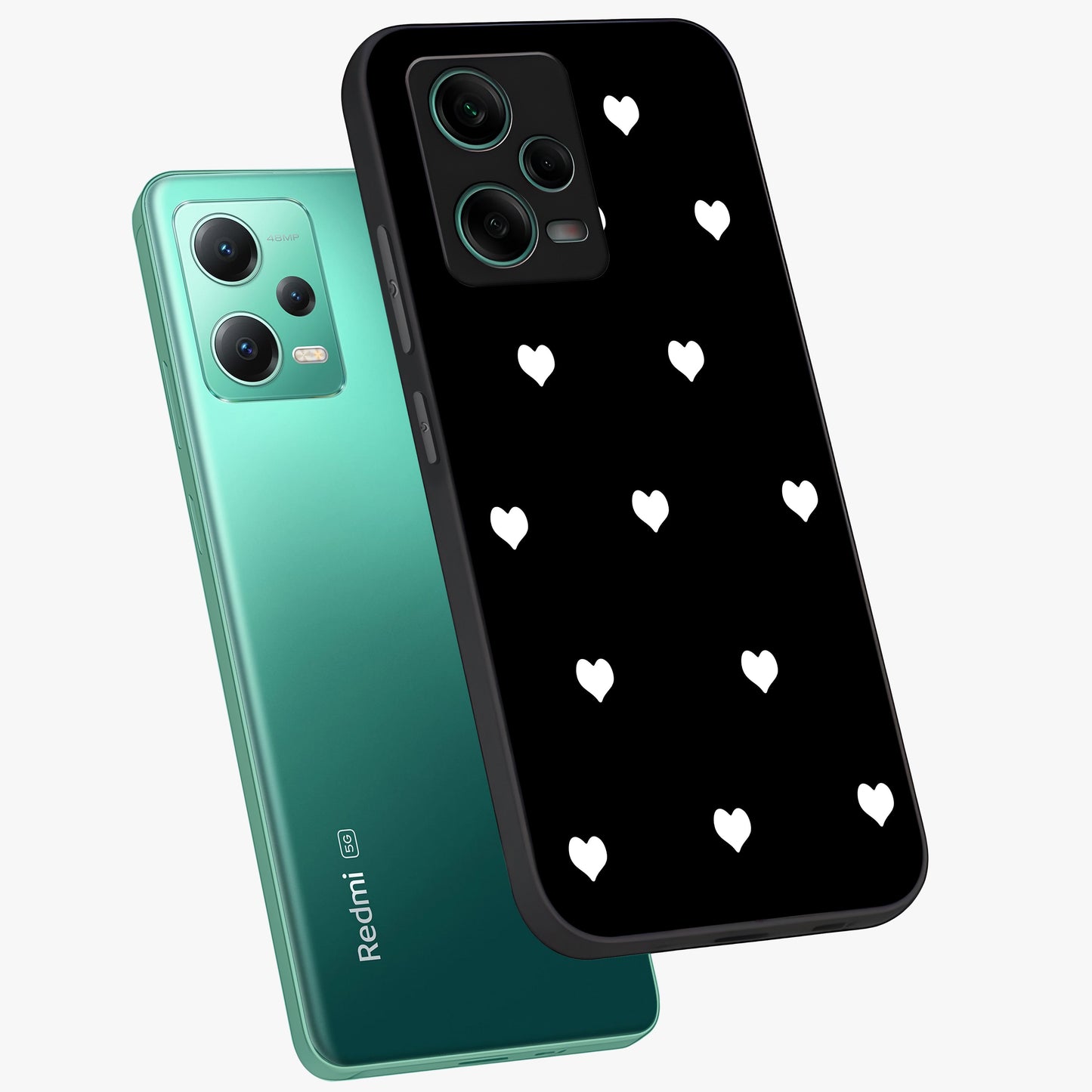 Cute And Simple White Hearts Glass Case displayed in angled mockup highlighting cute heart design with clean aesthetic style.