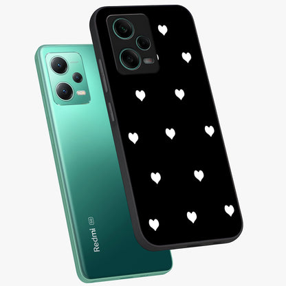 Cute And Simple White Hearts Glass Case displayed in angled mockup highlighting cute heart design with clean aesthetic style.