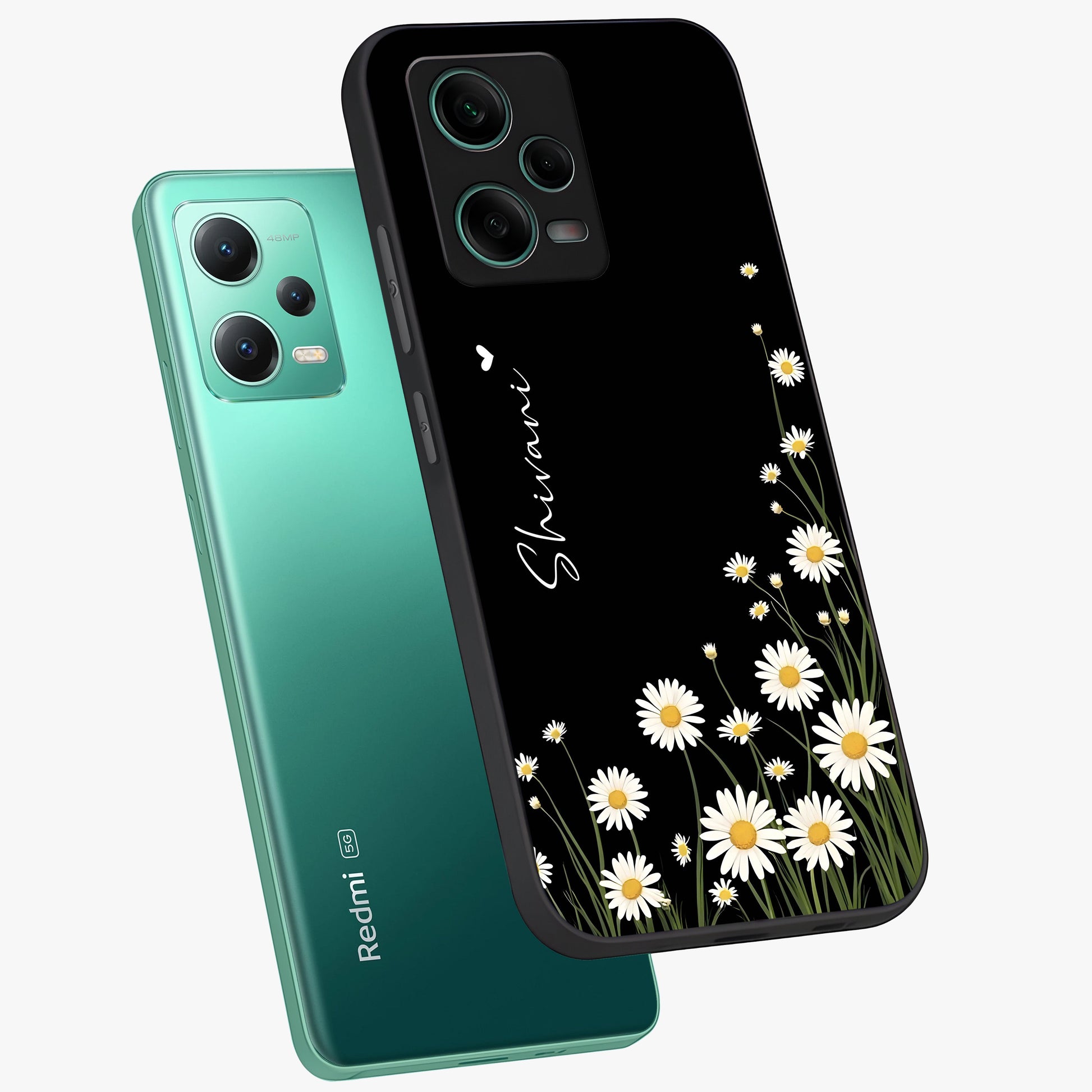 Daisy Cascade Custom Name Glass Case displayed in angled mockup highlighting delicate daisy artwork with custom name feature.