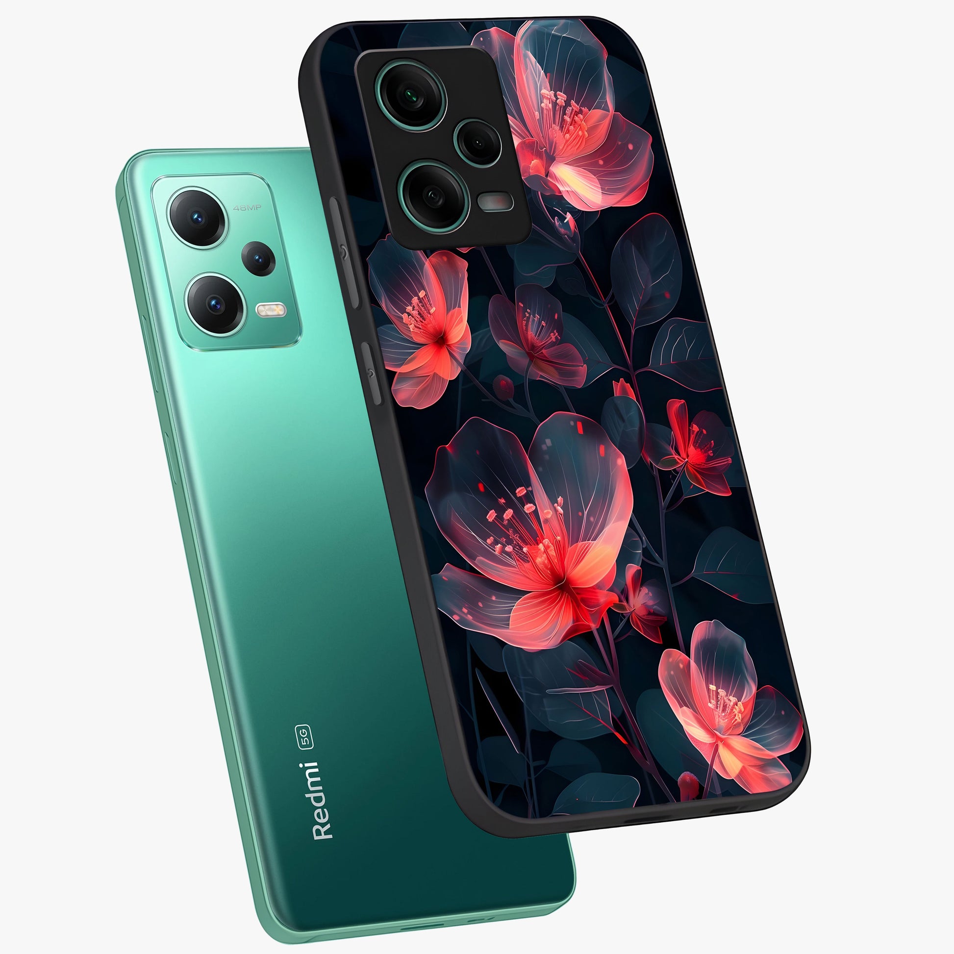 Dark Shade of Flower Glass Case displayed in angled mockup highlighting moody floral illustration with aesthetic dark tones.