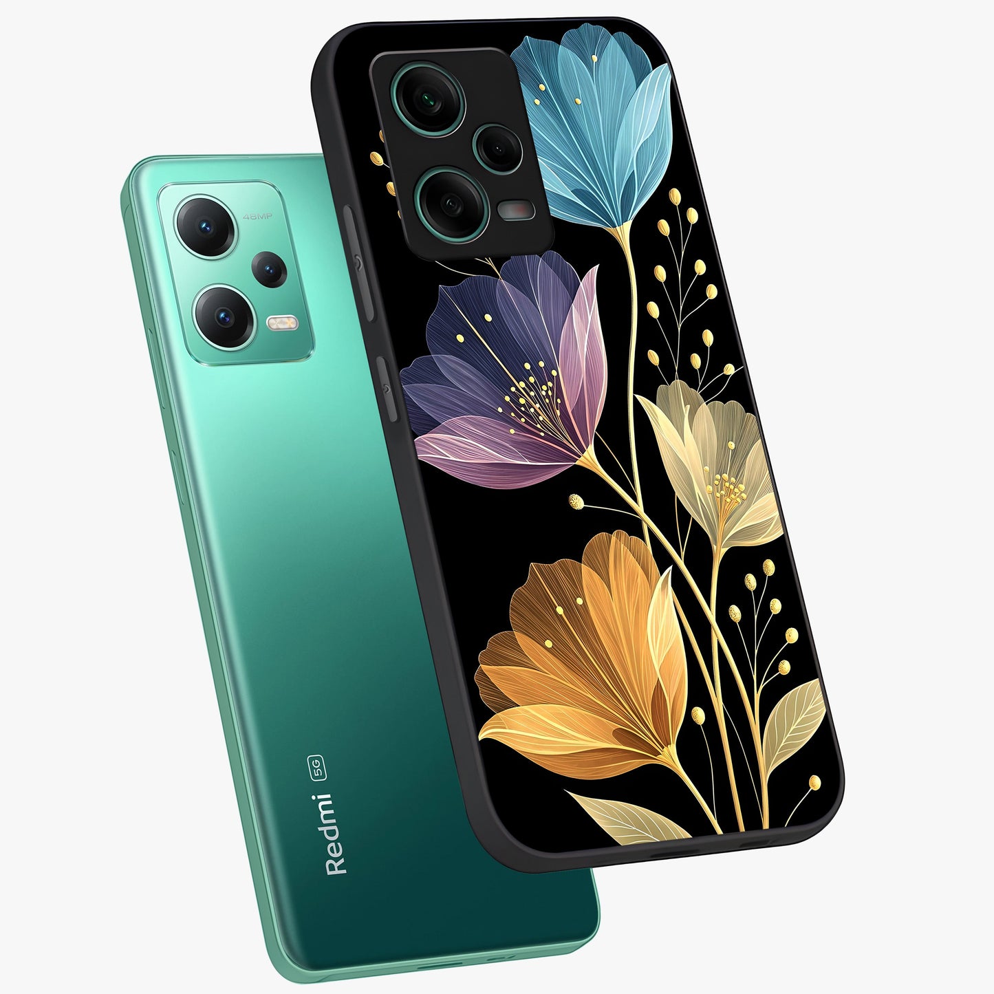 Delicate Multicolor Flowers Glass Case displayed in angled mockup highlighting colorful flower pattern with soft aesthetic style.