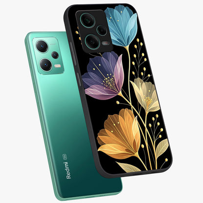 Delicate Multicolor Flowers Glass Case displayed in angled mockup highlighting colorful flower pattern with soft aesthetic style.