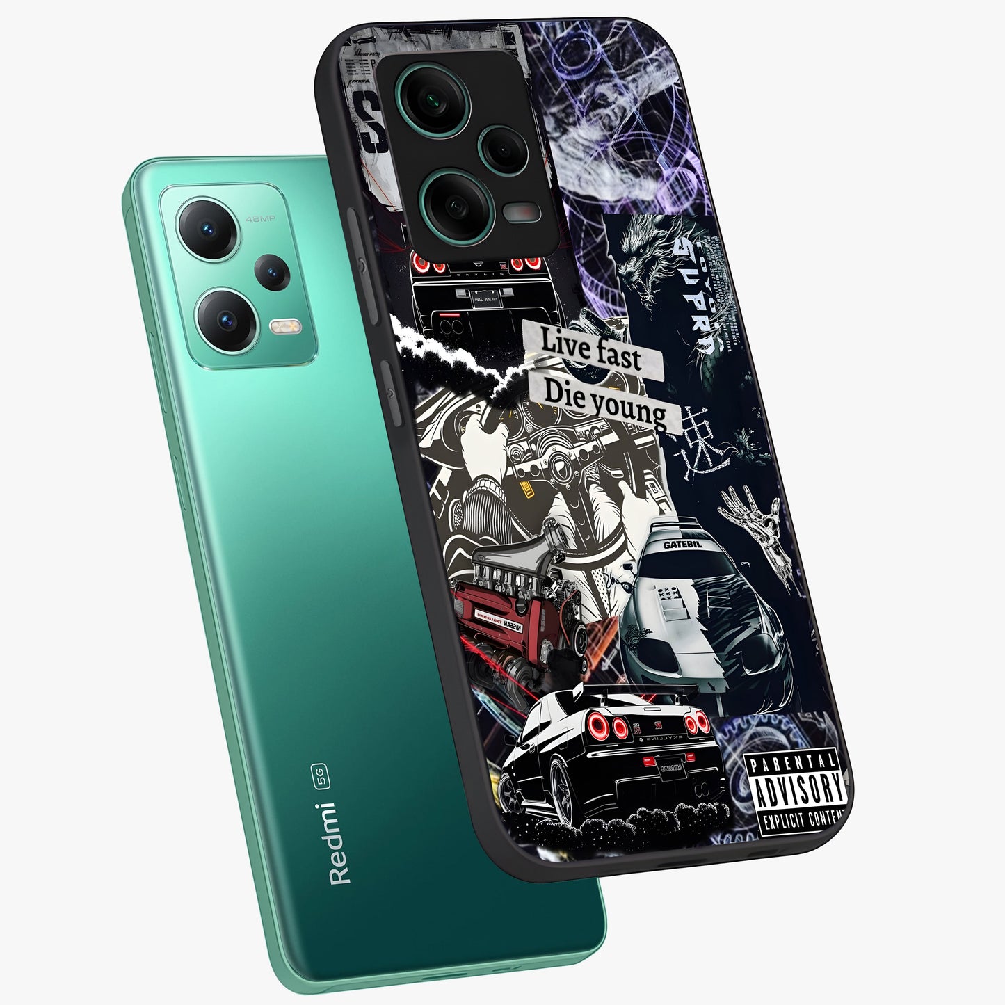 Die Young Glass Case displayed in angled mockup highlighting expressive graphic artwork with edgy aesthetic style.