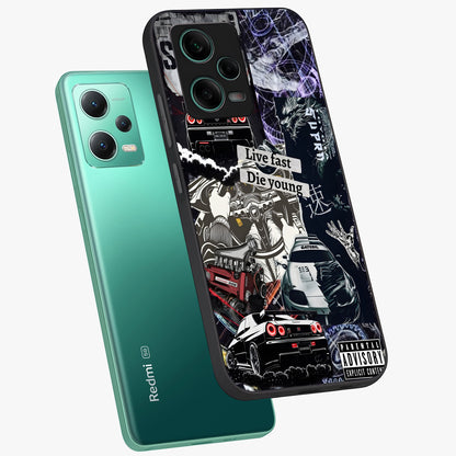 Die Young Glass Case displayed in angled mockup highlighting expressive graphic artwork with edgy aesthetic style.