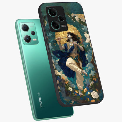 Divine Krishna Art Glass Case displayed in angled mockup highlighting spiritual Krishna illustration with devotional aesthetic.