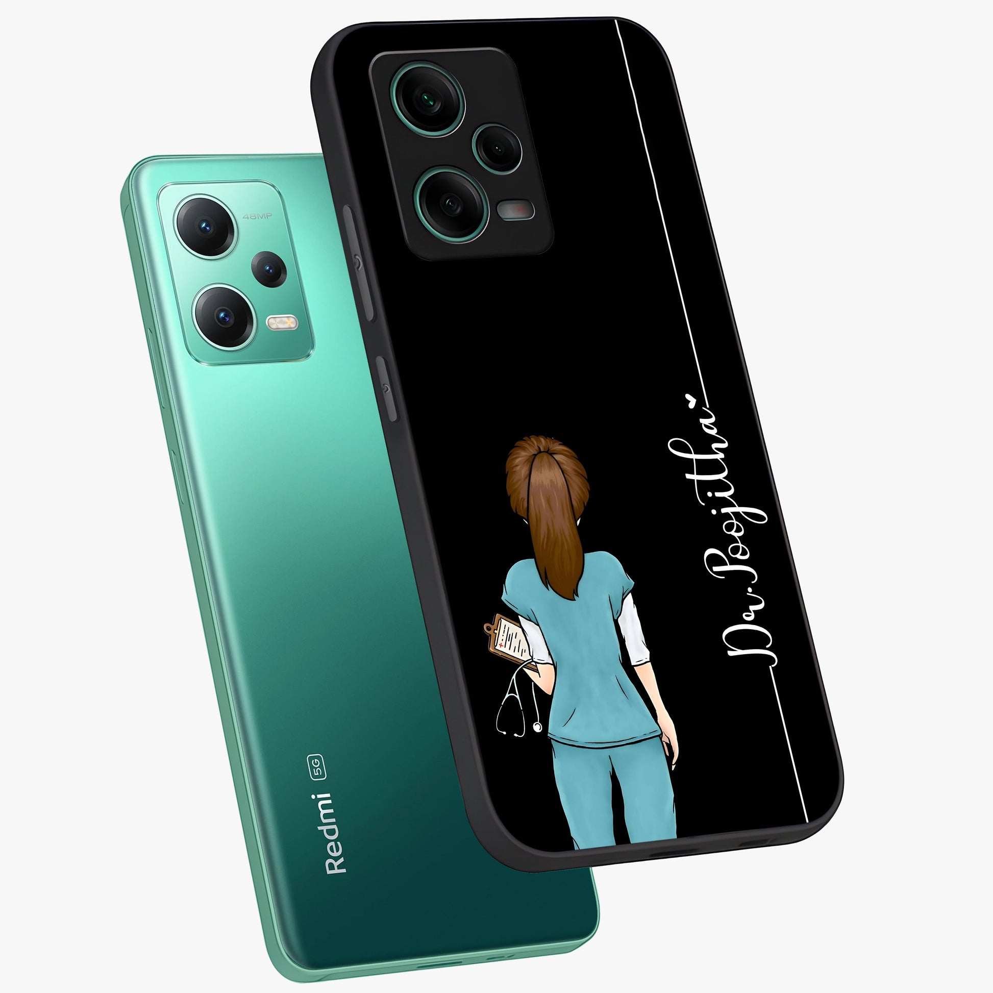 Doctor Pattern Custom Name Glass Case displayed in angled mockup highlighting doctor inspired artwork with custom name feature.