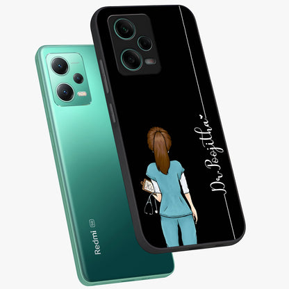 Doctor Pattern Custom Name Glass Case displayed in angled mockup highlighting doctor inspired artwork with custom name feature.