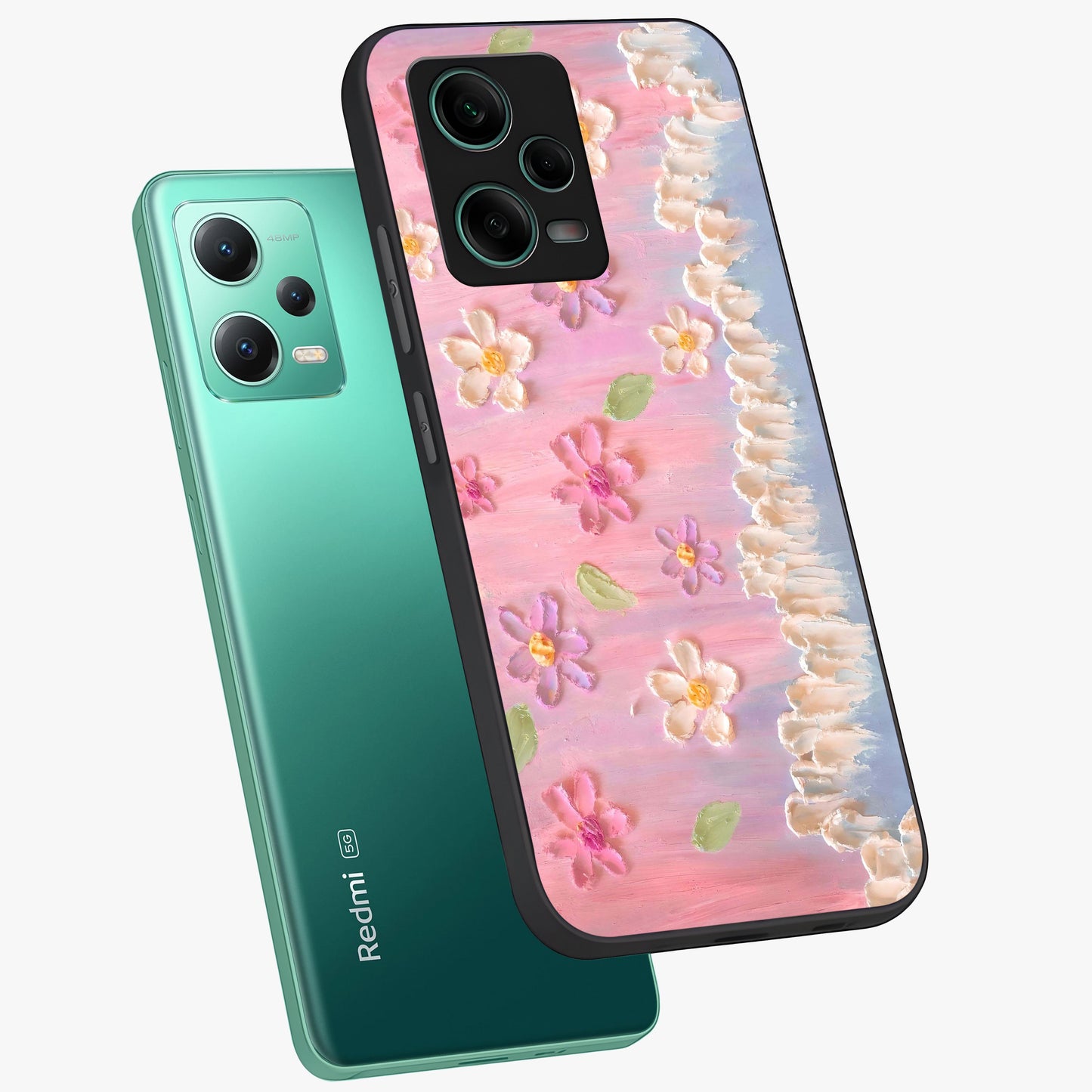Dreamy Painted Garden Glass Case displayed in angled mockup highlighting colorful garden illustration with dreamy aesthetic style.