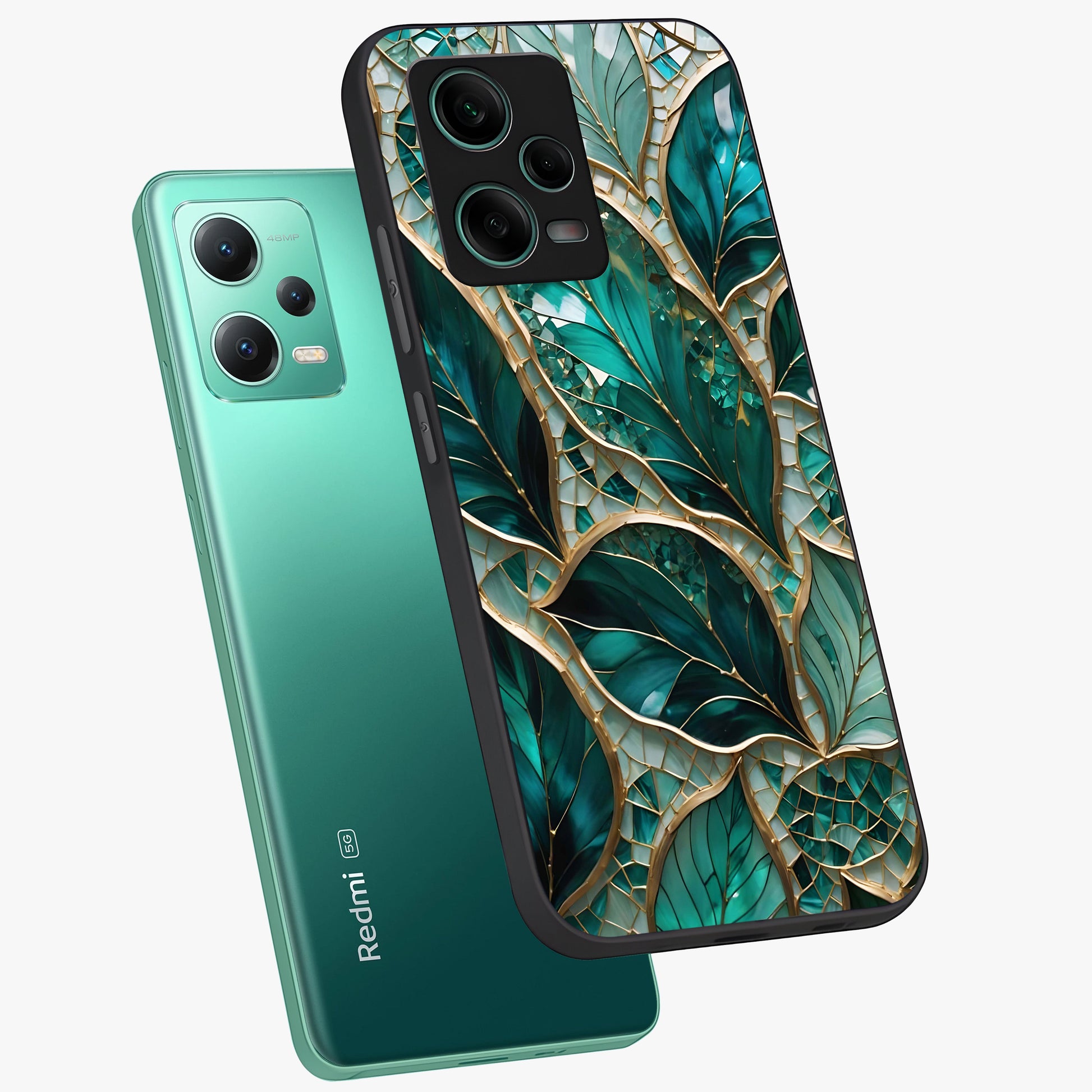 Emerald Leaf Glass Glass Case displayed in angled mockup highlighting botanical leaf illustration with elegant natural aesthetic.