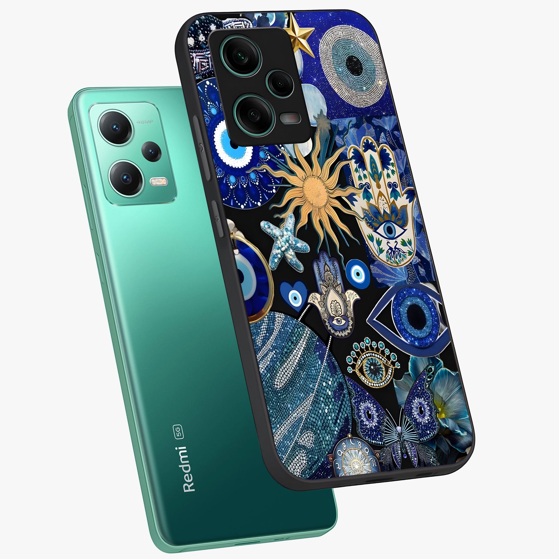 Evil Eye Charm Mix Glass Case displayed in angled mockup highlighting protective evil eye symbols with spiritual aesthetic design.