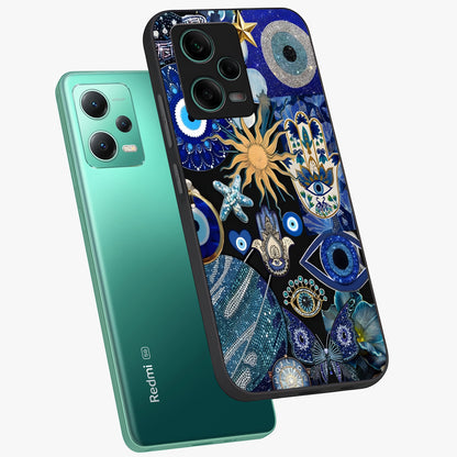 Evil Eye Charm Mix Glass Case displayed in angled mockup highlighting protective evil eye symbols with spiritual aesthetic design.