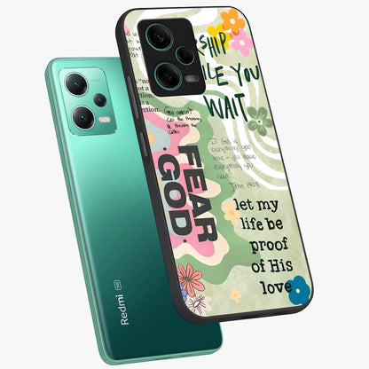 Faith Over Fear Glass Case displayed in angled mockup highlighting inspirational message design with modern aesthetic style.