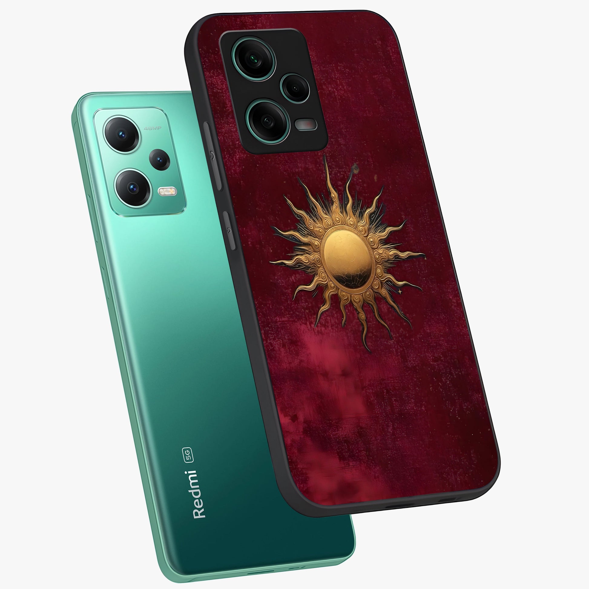 Golden Sun Minimalism Glass Case displayed in angled mockup highlighting clean sun symbol design with modern minimal aesthetic.