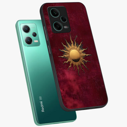 Golden Sun Minimalism Glass Case displayed in angled mockup highlighting clean sun symbol design with modern minimal aesthetic.