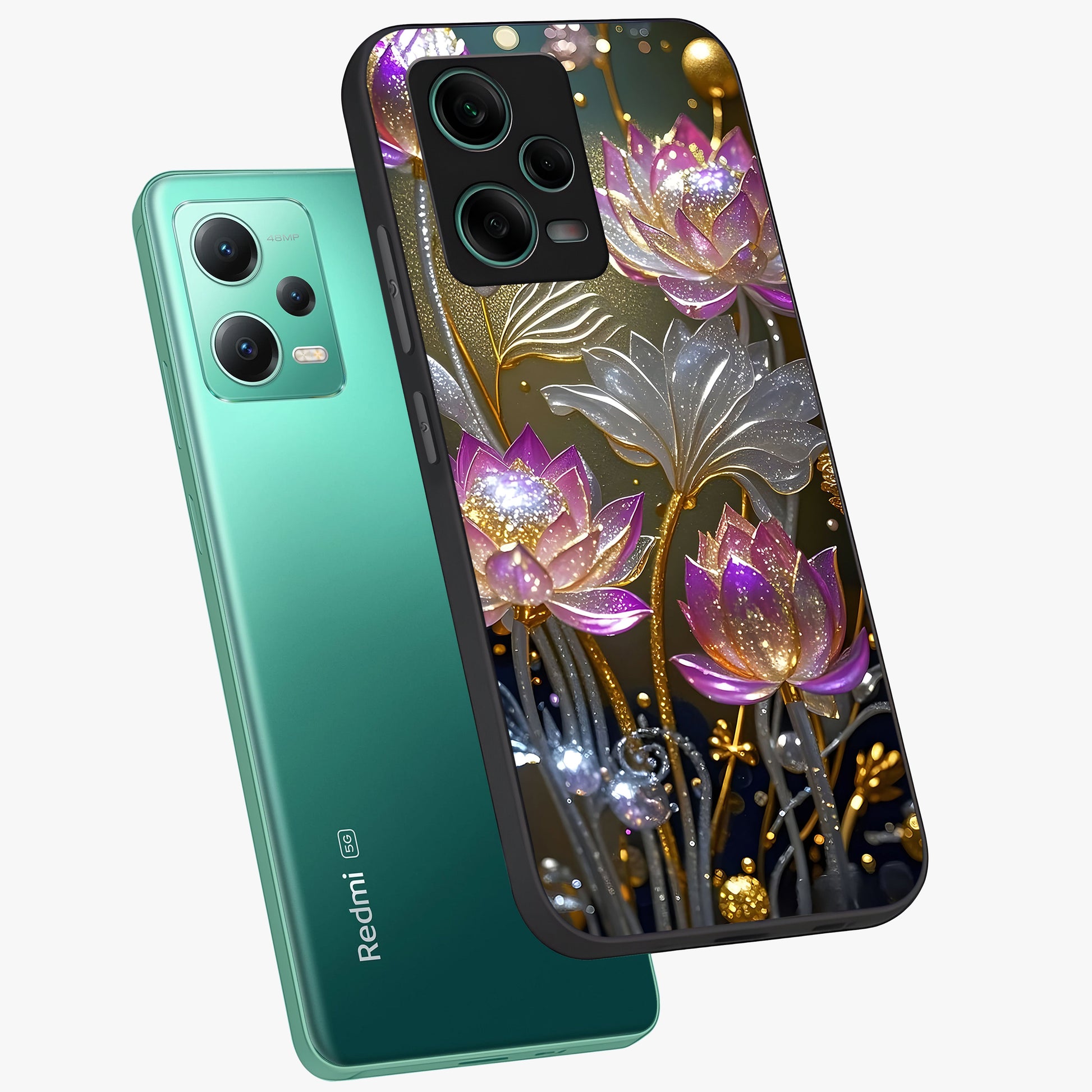 Golden Floral Majesty Glass Case displayed in angled mockup highlighting elegant flower design with royal golden aesthetic.