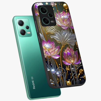 Golden Floral Majesty Glass Case displayed in angled mockup highlighting elegant flower design with royal golden aesthetic.
