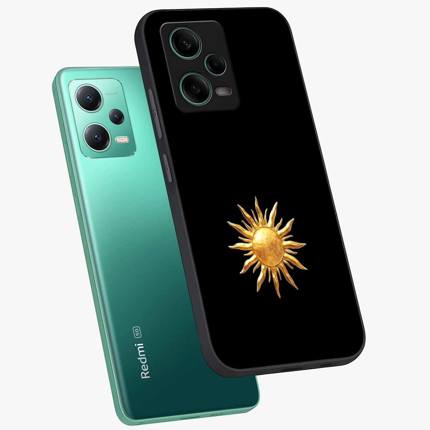 Golden Sun Minimalism Glass Case displayed in angled mockup highlighting eerie shadow illustration with gothic aesthetic.
