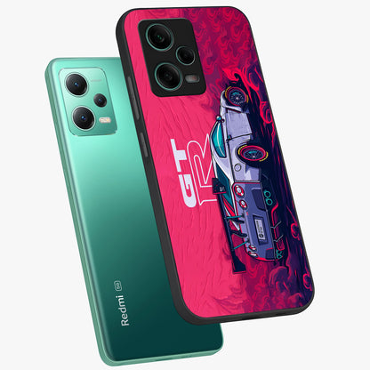 GT-R Car Pattern Glass Case displayed in angled mockup highlighting racing car graphic design with bold automotive aesthetic.