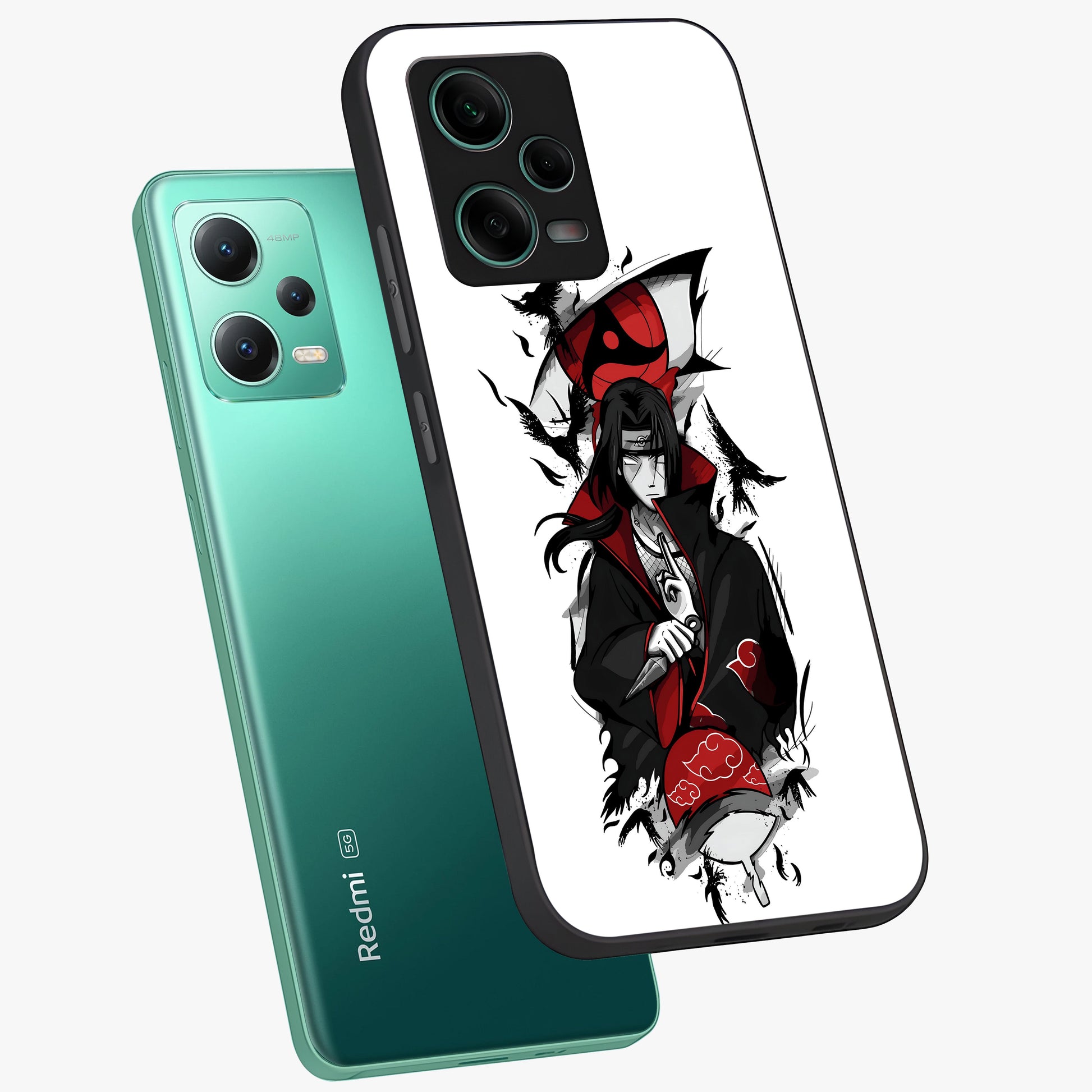 Itachi Limited Edition Naruto Anime Glass Case displayed in angled mockup highlighting dramatic anime illustration with bold action aesthetic.
