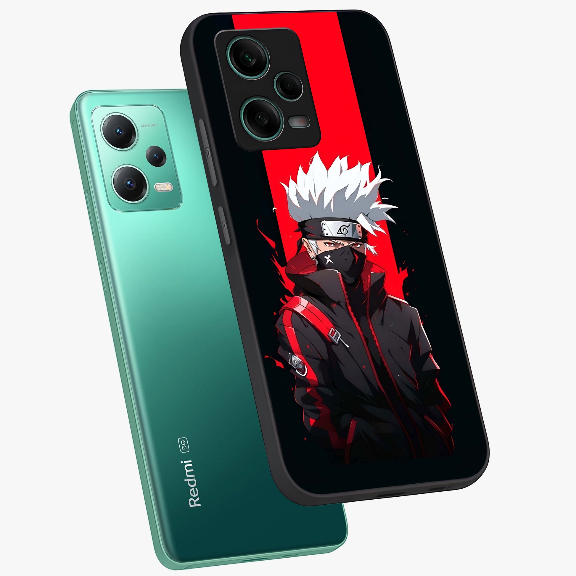 Kakashi Scarlet Shadow Glass Case displayed in angled mockup highlighting dramatic ninja illustration with scarlet themed aesthetic.
