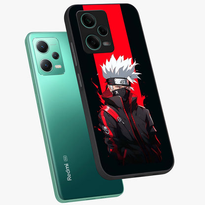 Kakashi Scarlet Shadow Glass Case displayed in angled mockup highlighting dramatic ninja illustration with scarlet themed aesthetic.