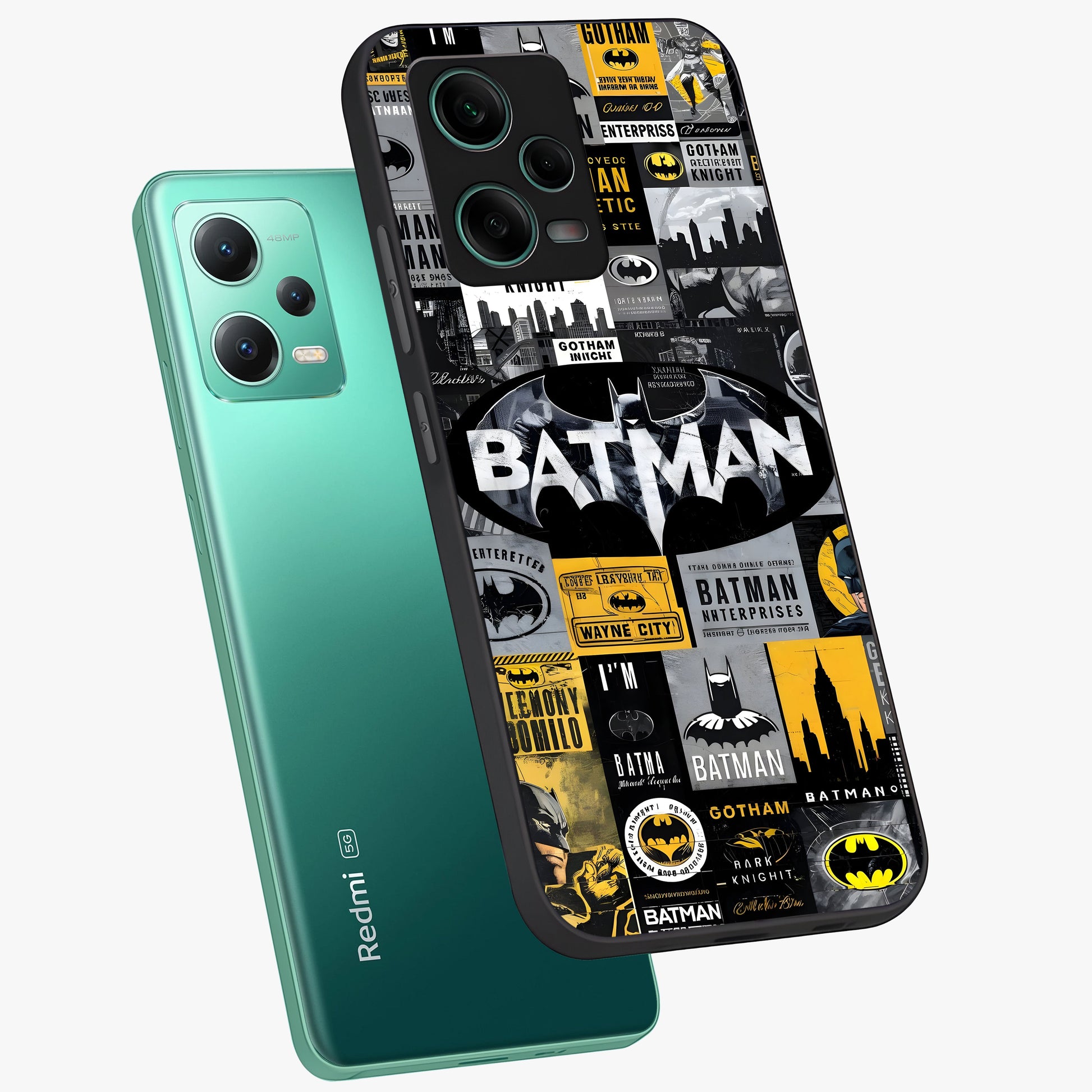 Knight Gotham Rise Glass Case displayed in angled mockup highlighting powerful knight silhouette design with dramatic aesthetic.
