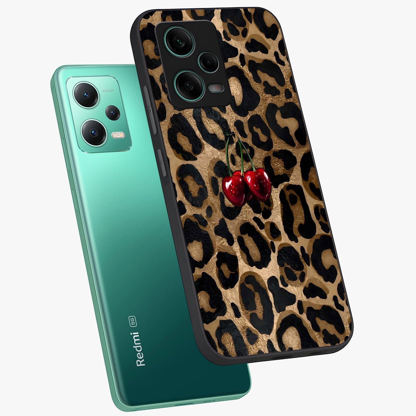 Leopard Wild Cherry Glass Case displayed in angled mockup highlighting bold animal print design with playful cherry aesthetic.